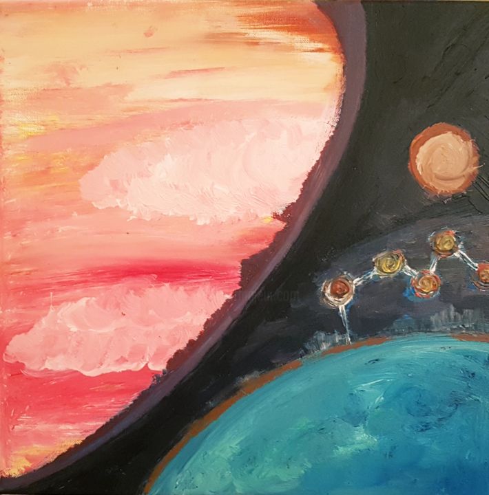 Painting titled "Planets" by Nelopo, Original Artwork, Oil Mounted on Wood Stretcher frame
