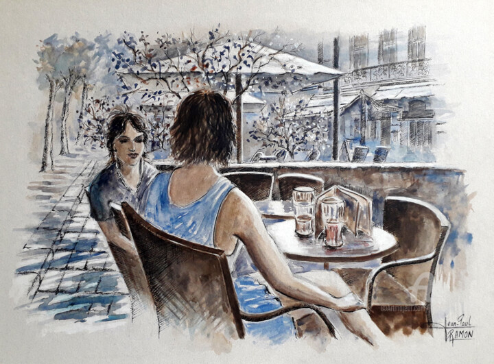Painting titled "Conversation" by Jean-Paul Ramon, Original Artwork, Watercolor