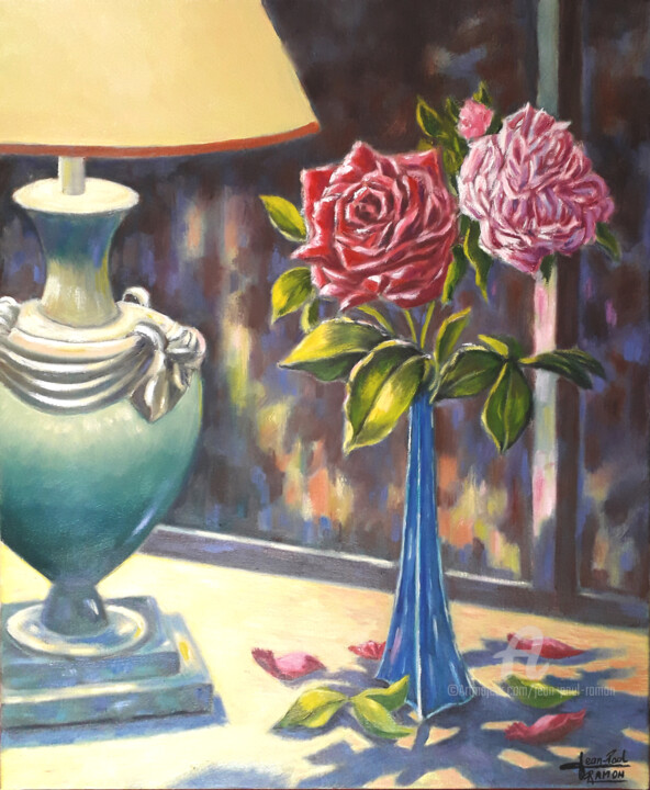 Painting titled "Duo de roses" by Jean-Paul Ramon, Original Artwork, Oil Mounted on Wood Stretcher frame