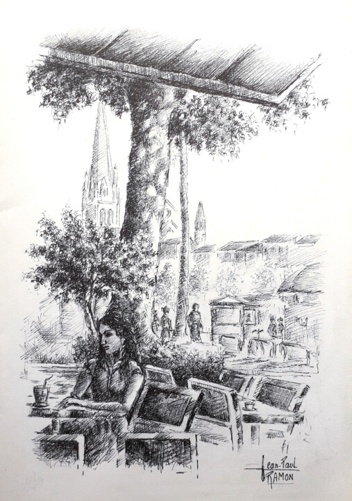 Peinture intitulée "Evasion en terrasse…" par Jean-Paul Ramon, Œuvre d'art originale, Encre