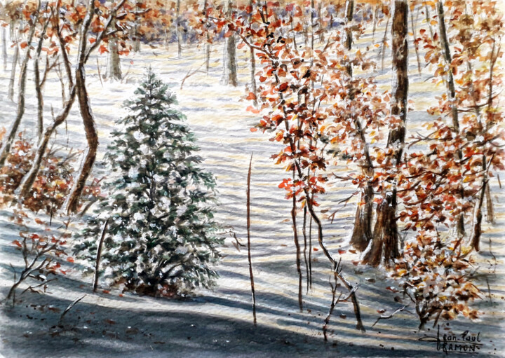 Painting titled "Premières neiges" by Jean-Paul Ramon, Original Artwork, Watercolor