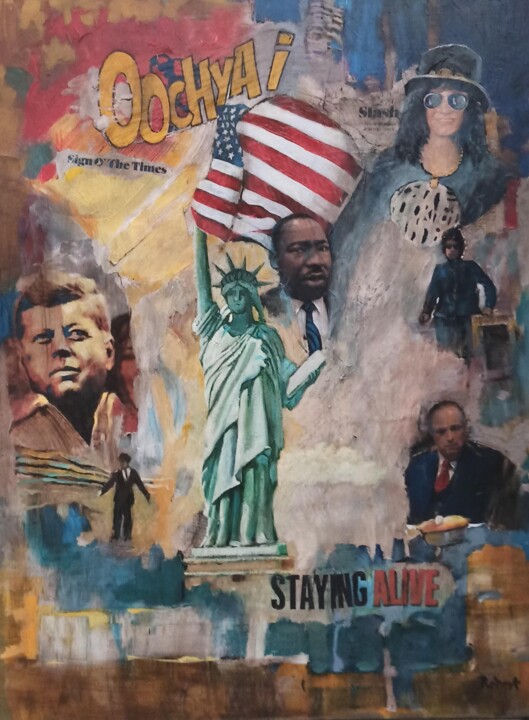 Painting titled "USA Liberté" by Jean Paul Robert, Original Artwork, Acrylic Mounted on Wood Stretcher frame