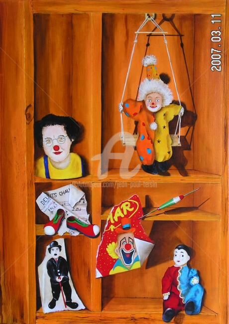 Картина под названием "Clowns dans le bois" - Jean Paul Tersin, Подлинное произведение искусства, Масло