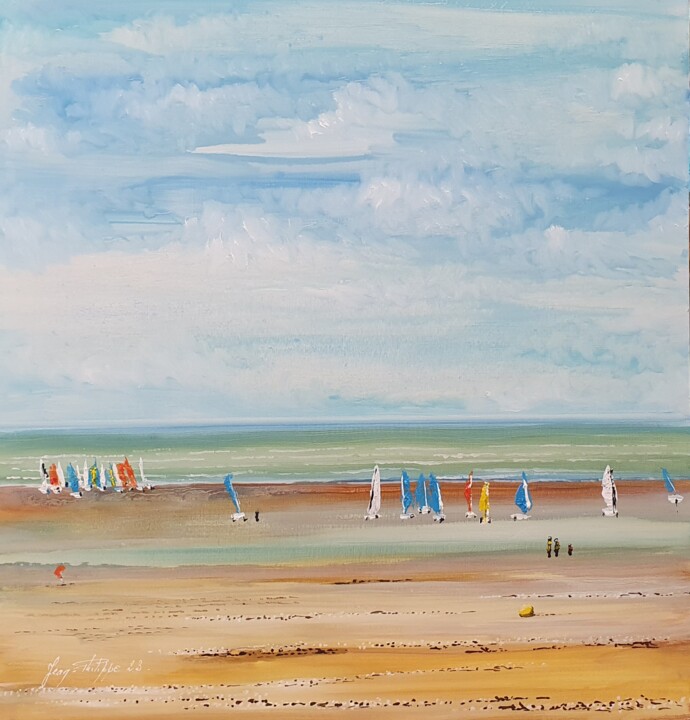 Painting titled "Chars à voile" by Jean-Philippe Guffroy, Original Artwork, Oil Mounted on Other rigid panel