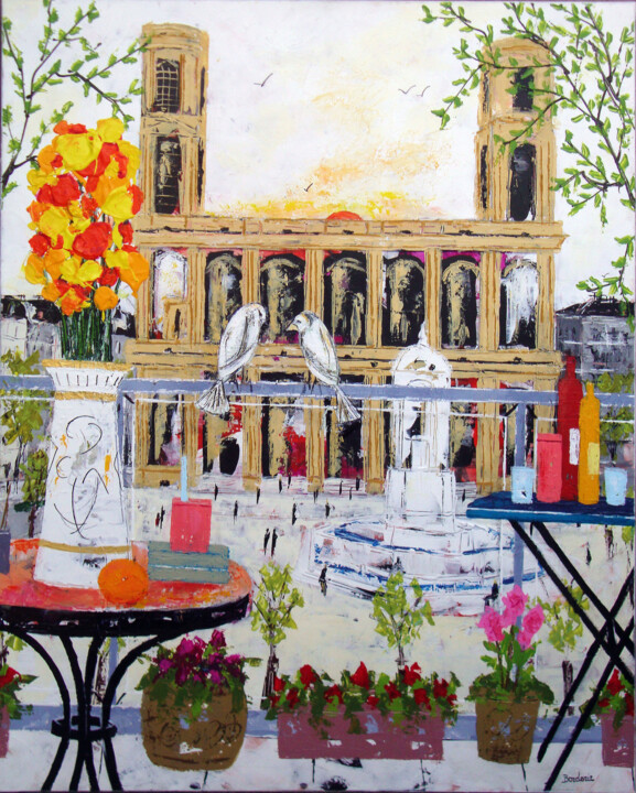 Peinture intitulée "Balcon devant l'Egl…" par Jean-Pierre Borderie, Œuvre d'art originale, Acrylique Monté sur Châssis en bo…