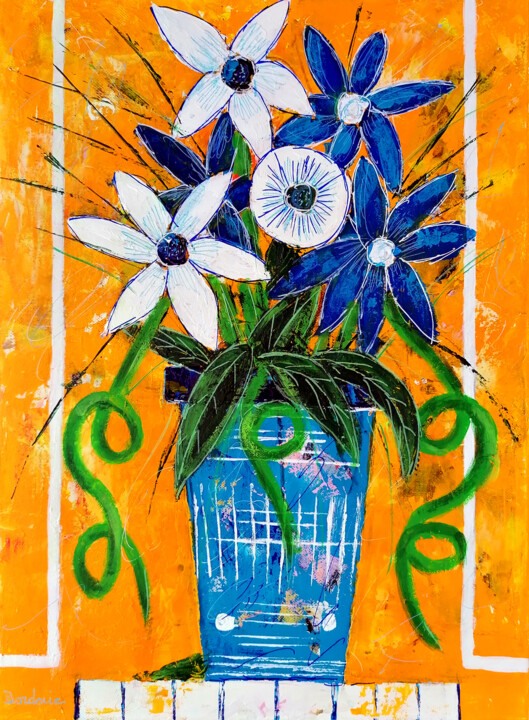 Malarstwo zatytułowany „Vase bleu fond oran…” autorstwa Jean-Pierre Borderie, Oryginalna praca, Akryl