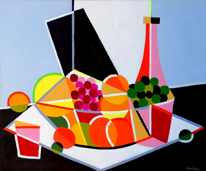 Schilderij getiteld "Corbeille de fruits…" door Jean-Pierre Borderie, Origineel Kunstwerk, Acryl Gemonteerd op Frame voor ho…