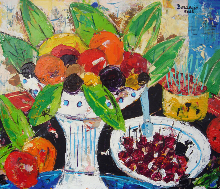 Schilderij getiteld "Coupe de fruits" door Jean-Pierre Borderie, Origineel Kunstwerk, Acryl