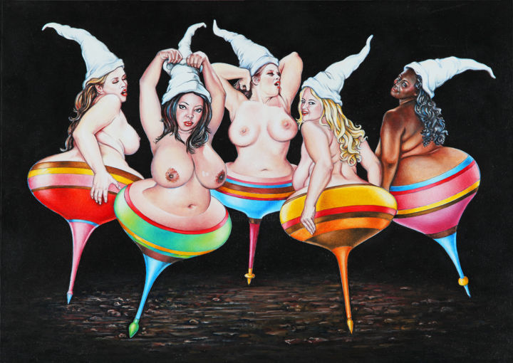 Peinture intitulée "women-spinning-tops…" par Jean-Pierre Burquier, Œuvre d'art originale