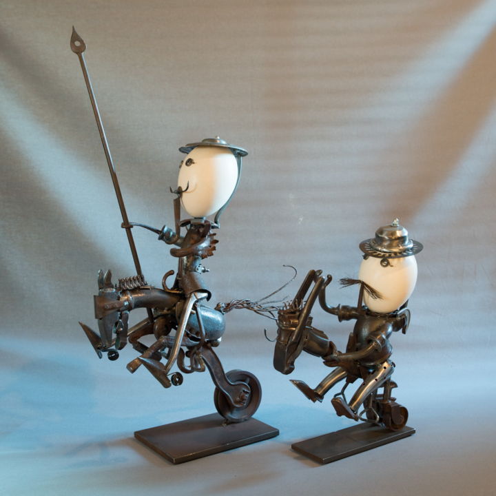 Скульптура под названием "Don Quichotte and S…" - Jean-Pierre Burquier, Подлинное произведение искусства, Металлы