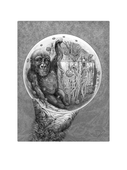 Grafika cyfrowa / sztuka generowana cyfrowo zatytułowany „Jeune gorille réflé…” autorstwa Jean-Pierre David, Oryginalna prac…