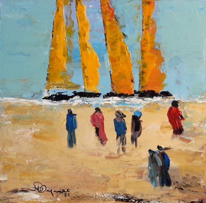 Painting titled "Les voiles jaunes." by Jean-Pierre Duquaire, Original Artwork, Acrylic Mounted on Wood Stretcher frame