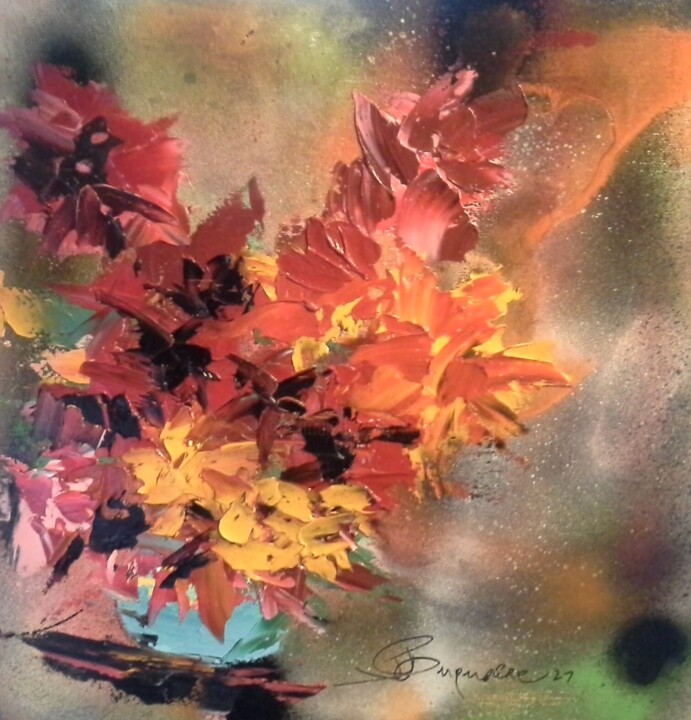 제목이 "Bouquet rouge et no…"인 미술작품 Jean-Pierre Duquaire로, 원작, 기름 나무 들것 프레임에 장착됨