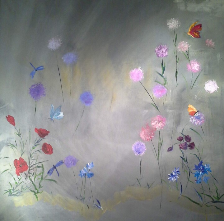 Malarstwo zatytułowany „Fleurs Papillons li…” autorstwa Jean-Pierre Duquaire, Oryginalna praca, Akryl Zamontowany na artwork…