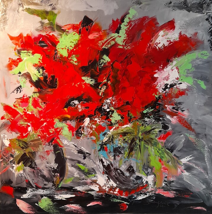 Painting titled "Les fleurs rouges s…" by Jean-Pierre Duquaire, Original Artwork, Oil Mounted on Wood Stretcher frame