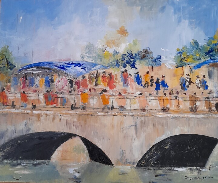 Painting titled "Jour de marché sur…" by Jean-Pierre Duquaire, Original Artwork, Oil Mounted on Wood Stretcher frame