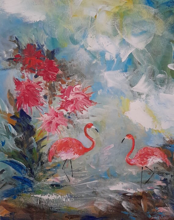 Painting titled "Les flamands roses…" by Jean-Pierre Duquaire, Original Artwork, Acrylic Mounted on Wood Stretcher frame