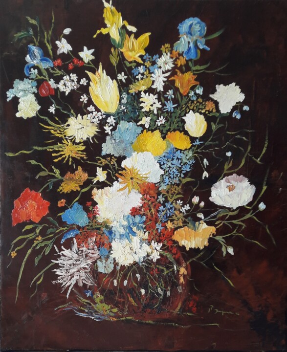 Painting titled "Bouquet des champs 2" by Jean-Pierre Duquaire, Original Artwork, Oil Mounted on Wood Stretcher frame