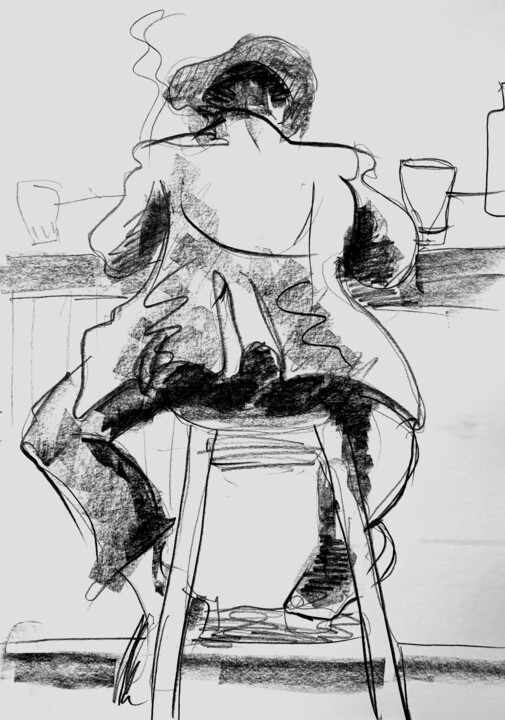 Drawing titled "Accoudé au comptoir" by Jean-Pierre Emond, Original Artwork, Graphite