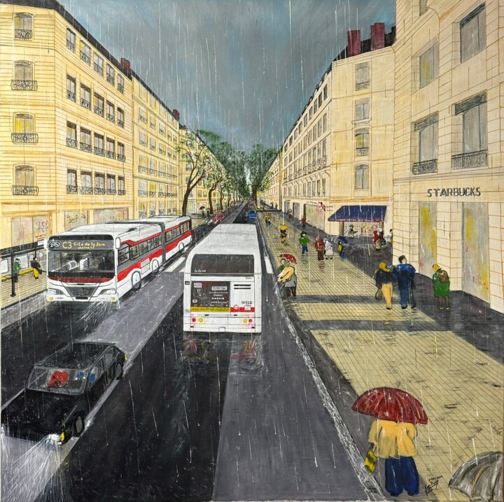 Malerei mit dem Titel "Avenue sous la pluie" von Jean Pierre Fetis, Original-Kunstwerk, Acryl