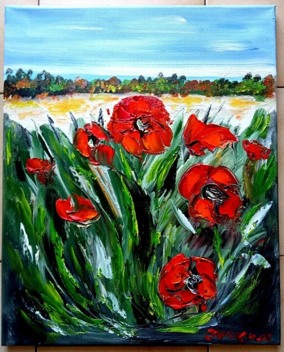 Painting titled "LES COQUELICOTS" by Jean Pierre Jumeaux, Original Artwork, Oil Mounted on Wood Stretcher frame