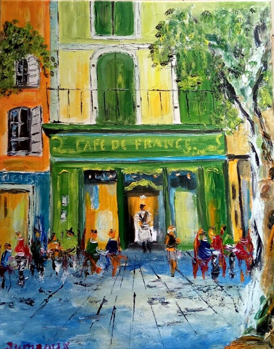 Painting titled "LE CAFE DE FRANCE I…" by Jean Pierre Jumeaux, Original Artwork, Oil Mounted on Wood Stretcher frame