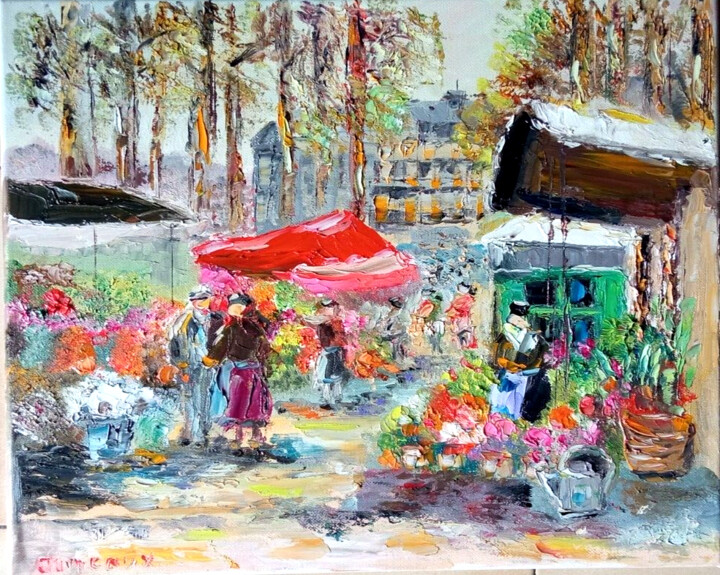 Peinture intitulée "PARIS LE MARCHE AUX…" par Jean Pierre Jumeaux, Œuvre d'art originale, Huile Monté sur Châssis en bois