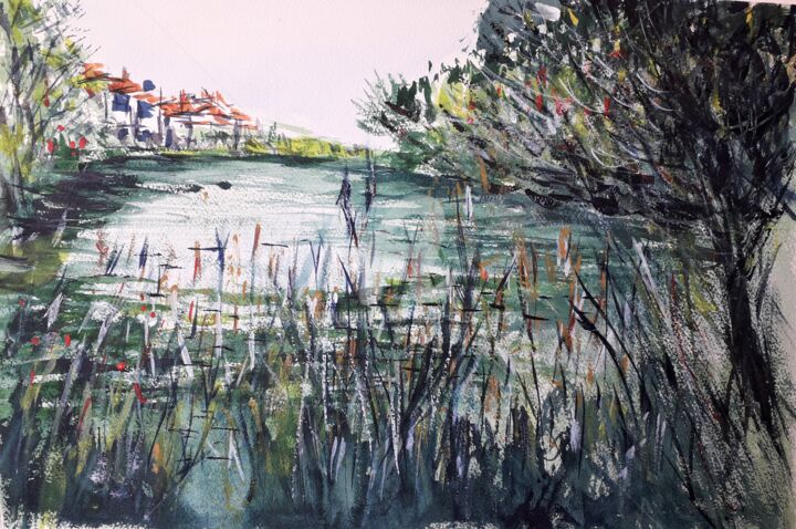 Painting titled ""Lac privé en Prove…" by Jean-Pierre Missistrano, Original Artwork, Watercolor