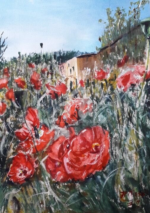Painting titled ""Coquelicots en Pro…" by Jean-Pierre Missistrano, Original Artwork, Watercolor