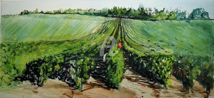 Painting titled "Vendanges champenoi…" by Jean-Pierre Missistrano, Original Artwork, Watercolor