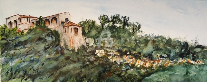 Painting titled ""La Collégiale et l…" by Jean-Pierre Missistrano, Original Artwork, Watercolor