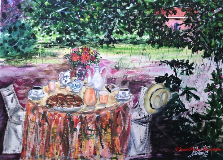 Peinture intitulée "Petit déjeuner sous…" par Jean-Pierre Missistrano, Œuvre d'art originale, Aquarelle