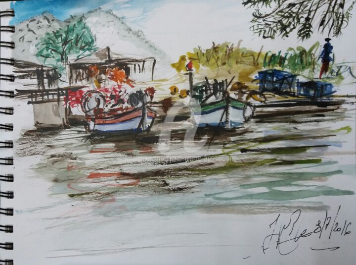 Painting titled "Les Barques du Gaou" by Jean-Pierre Missistrano, Original Artwork, Watercolor