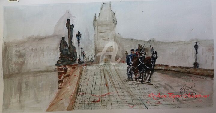 Painting titled "Calèche sur le Pont…" by Jean-Pierre Missistrano, Original Artwork, Watercolor