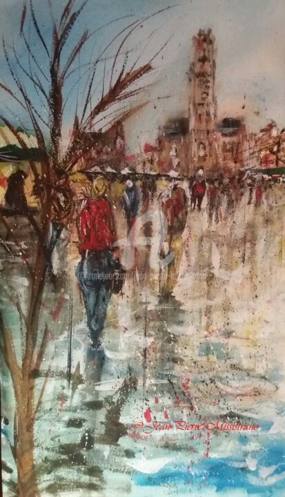 Painting titled "Il pleut sur Bruges" by Jean-Pierre Missistrano, Original Artwork, Watercolor