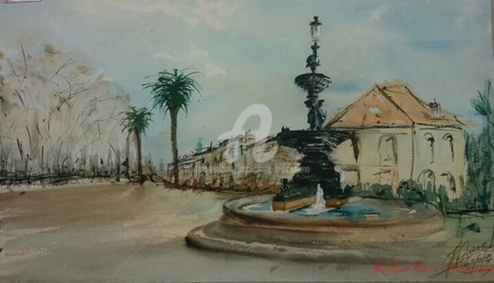 Painting titled "La fontaine Godillot" by Jean-Pierre Missistrano, Original Artwork, Watercolor