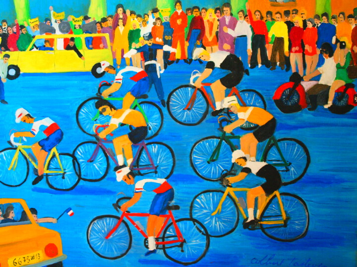 Peinture intitulée "les coureurs cyclis…" par Jean-Pierre Tastevin, Œuvre d'art originale, Huile Monté sur Châssis en bois