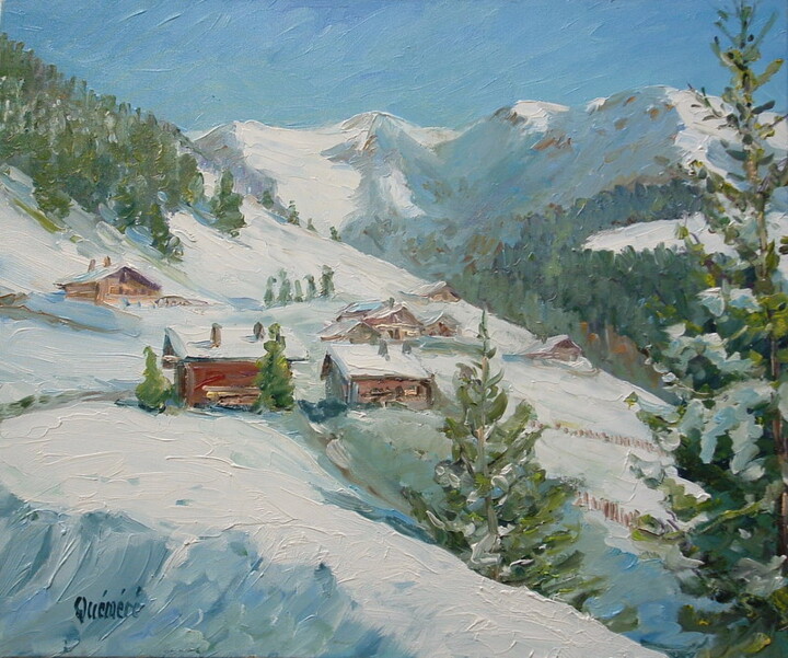 Painting titled "Neige près Megève" by Jean Quéméré, Original Artwork, Oil