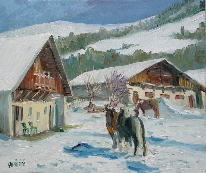 Peinture intitulée "Neige en montagne" par Jean Quéméré, Œuvre d'art originale, Huile