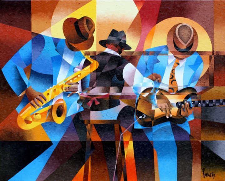 Painting titled "JAZZMAN TRIO" by Jean Rougerie, Original Artwork, Oil