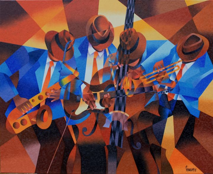 Peinture intitulée "QUATUOR JAZZMAN CUB…" par Jean Rougerie, Œuvre d'art originale, Huile Monté sur Châssis en bois