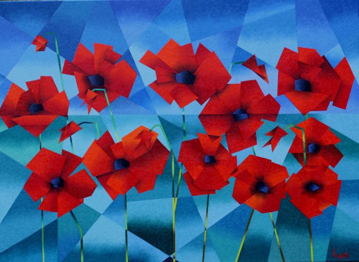 Pintura intitulada "COQUELICOTS DES CHA…" por Jean Rougerie, Obras de arte originais, Óleo Montado em Armação em madeira