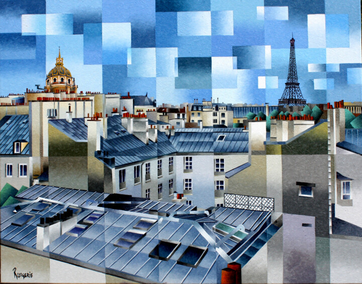 Painting titled "TOITS DE PARIS - In…" by Jean Rougerie, Original Artwork, Oil Mounted on Wood Stretcher frame