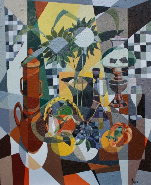 Painting titled "NATURE MORTE A LA C…" by Jean Rougerie, Original Artwork, Oil Mounted on Wood Stretcher frame