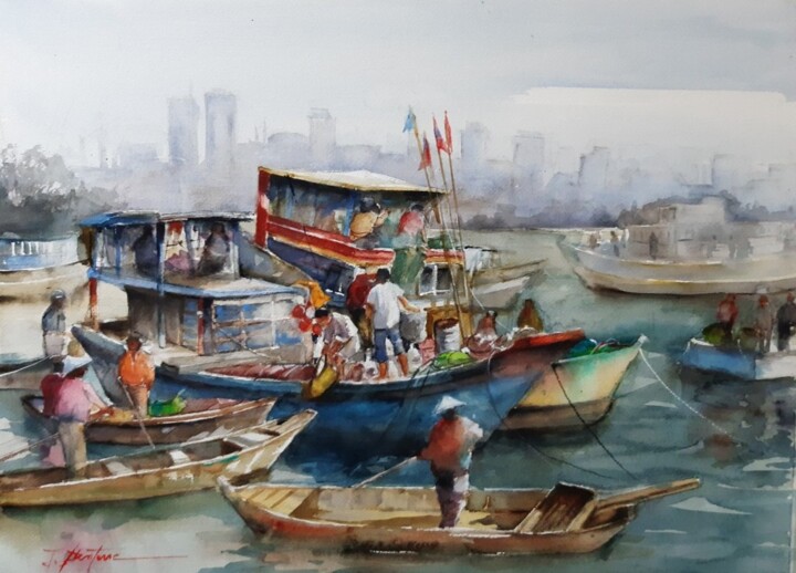 Peinture intitulée "marché sur l eau" par Jean Senterre, Œuvre d'art originale, Aquarelle