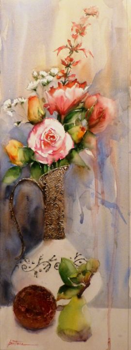 Painting titled "le vase  argente" by Jean Senterre, Original Artwork, Watercolor