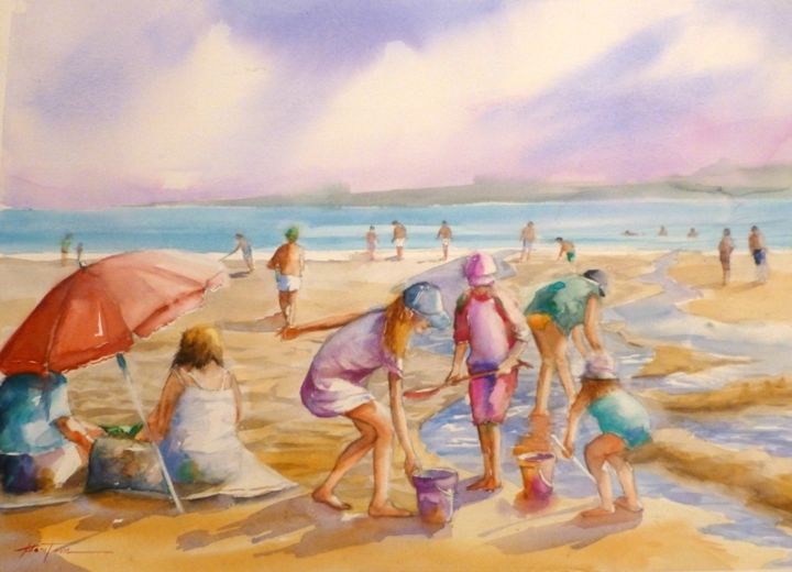 Painting titled "jeux de plage" by Jean Senterre, Original Artwork, Watercolor