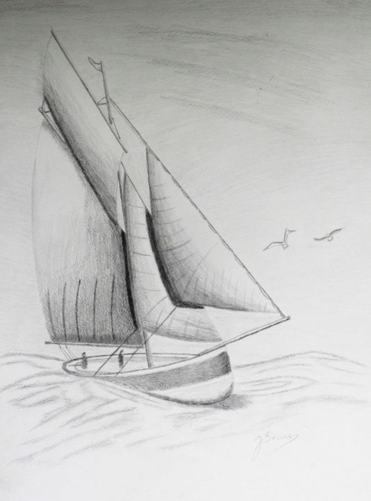 Dessin intitulée "Voilier de pêche" par Jean Seunes, Œuvre d'art originale, Graphite