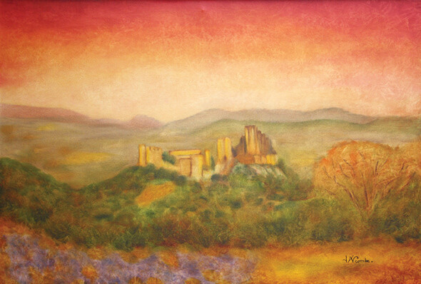 Painting titled ""Château de Rochema…" by Jean Xavier Combe, Original Artwork, Oil Mounted on Wood Stretcher frame