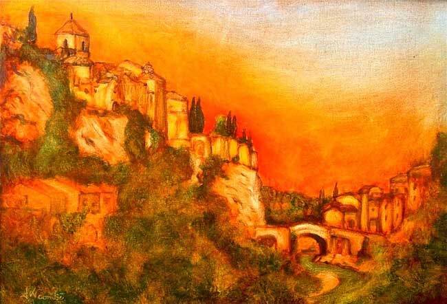 Painting titled ""Vaison la Romaine "" by Jean Xavier Combe, Original Artwork, Oil Mounted on Wood Stretcher frame